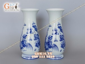  Đôi lọ hoa men lam vẽ Rồng Phượng, cao 26cm