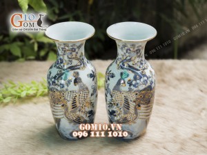 Đôi lọ hoa men rong cổ họa tiết Công Đào, cao 28cm - vẽ Vàng 24k