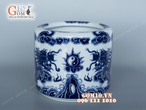 Bát hương men trắng vẽ rồng giả nổi Phi 18cm