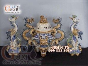 Bộ đỉnh hạc men rạn đắp nổi 42cm