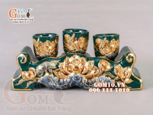 Kỷ ngai 3 Xanh lục bảo đắp nổi Sen - vẽ vàng 24k