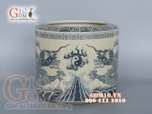 Bát hương men rạn cổ họa tiết rồng, đường kính 20cm