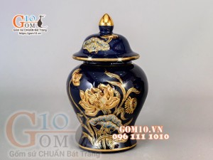 Chóe thờ Xanh coban đắp nổi Sen - vẽ vàng 24k, cao 15cm