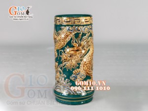 Ống hương Xanh lục bảo đắp nổi Rồng - vẽ vàng 24k, cao 25cm