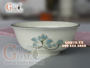 Bát tô loe men kem vẽ hoa Sen xanh, đường kính 19cm