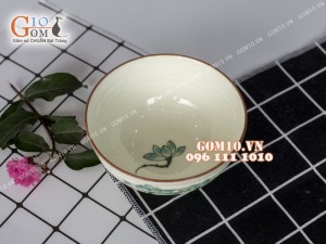 Bát cơm men kem vẽ sen xanh chỉ nâu