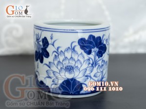 Bát hương men lam vẽ Sen Tài Lộc, đường kính 12cm