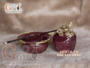 Điều bát rồng men màu bọc đồng - Đỏ mận