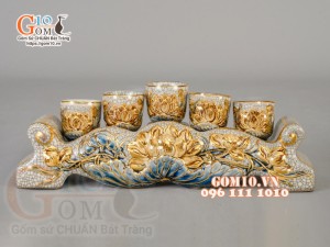 Kỷ ngai 5 men rạn đắp nổi Sen - vẽ vàng 24k