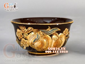 Bát thờ Nâu đắp nổi Đào - vẽ vàng 24k