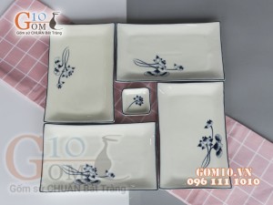 Bộ đĩa chữ nhật men kem vẽ Sen Đen