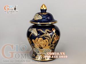 Chóe thờ Xanh coban đắp nổi Sen - vẽ vàng 24k, cao 23cm