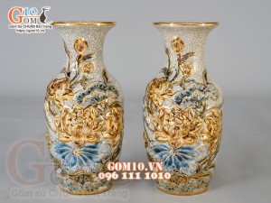 Đôi lộc bình men rạn đắp nổi Sen - vẽ vàng 24k, Cao 36cm