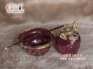 Điều bát rồng men màu bọc đồng - Đỏ mận