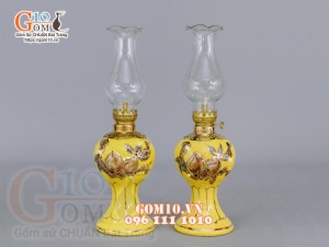 Đôi đèn dầu dáng tròn Vàng đắp nổi Đào - vẽ vàng 24k