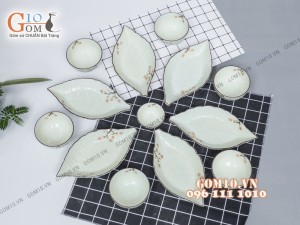 Set 6 đĩa lá gân men kem vẽ hoa cam xếp cánh hoa