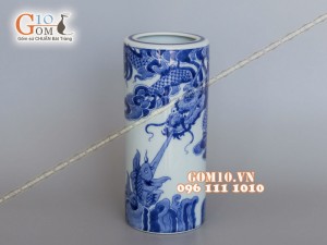 Ống hương Long Trấn men lam vẽ Rồng, cao 18cm