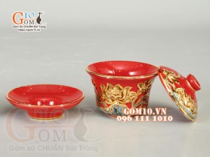 Bát sâm Đỏ đắp nổi Sen - vẽ vàng 24k