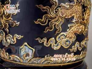 Bát hương Xanh coban đắp nổi Song Long Chầu Nguyệt - vẽ vàng 24k, đường kính 18cm