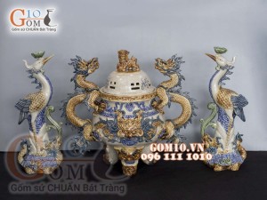 Bộ đỉnh hạc men rạn đắp nổi 42cm