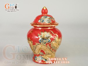 Chóe Đỏ đắp nổi Rồng - vẽ vàng 24k, cao 15cm