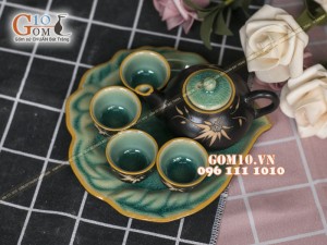 Bộ ấm chén thờ men thủy tinh xanh - khắc trúc
