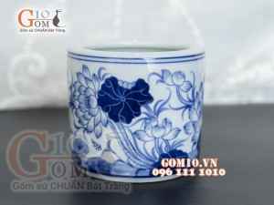 Bát hương men lam vẽ Sen Tài Lộc, đường kính 12cm