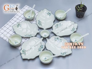 Bộ đĩa lá sâu men kem vẽ Sen xanh