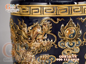Bát hương Xanh coban đắp nổi Song Long Chầu Nguyệt - vẽ vàng 24k, đường kính 18cm