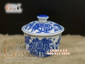 Bát nắp men lam cổ hoa cài thọ, đường kính 12cm