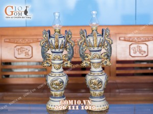 Đôi đèn dầu cao men rạn đắp nổi rồng 50cm