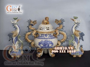 Bộ đỉnh hạc men rạn đắp nổi 42cm