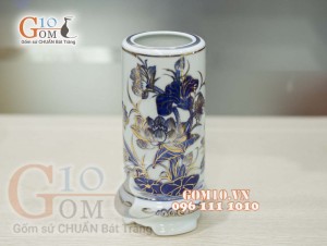 Ống hương Đại Phát men lam cổ vẽ vàng kim 24k cao cấp 22cm