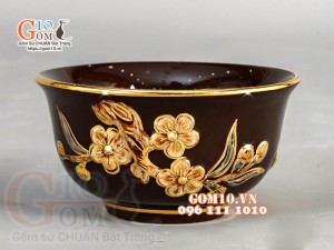 Bát thờ Nâu đắp nổi Đào - vẽ vàng 24k