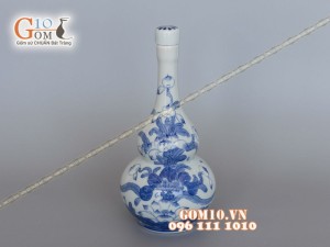 Nậm rượu 2 bầu men lam vẽ Sen Tài Lộc, 0,3L