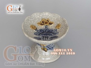 Chân nến cao men rạn đắp nổi Sen Tài Lộc, cao 7cm