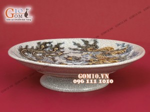 Mâm bồng men rạn đắp nổi Rồng Phượng cao cấp, đường kính 28cm