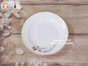 Đĩa tròn nông men trắng vẽ sen vàng kim phi 20cm