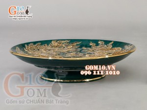 Mâm bồng Xanh lục bảo đắp nổi Long Phụng Chầu Nguyệt - vẽ vàng 24k, đường kính 30cm