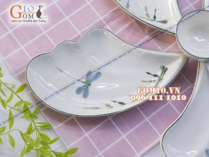 Bộ đĩa cánh tiên xếp hoa 5 cánh men kem vẽ Trúc Chuồn