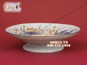 Mâm bồng men rạn đắp nổi Sen cao cấp, đường kính 25cm