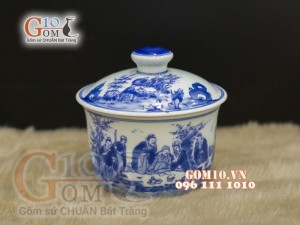 Bát nắp men lam cổ vẽ Trúc Lâm Thất Hiền, đường kính 12cm