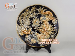 Mâm bồng Xanh coban đắp nổi Long Phụng Chầu Nguyệt - vẽ vàng 24k, đường kính 20cm
