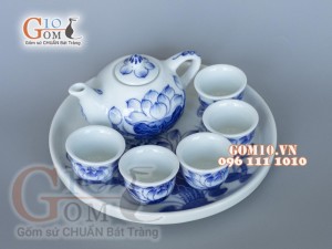 Bộ ấm chén thờ men lam vẽ Sen Tài Lộc, bộ 5 chén