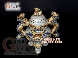 Đỉnh mini men rạn đắp nổi rồng, cao 22cm