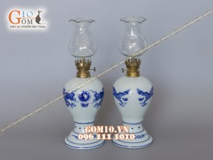 Đôi đèn dầu Long Trấn men lam vẽ Rồng, cao 25cm