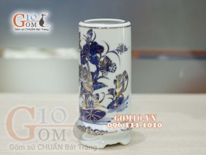 Ống hương Đại Phát men lam cổ vẽ vàng kim 24k cao cấp 22cm