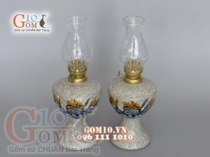 Đôi lộc bình men rạn đắp nổi Sen Tài Lộc, cao 17cm