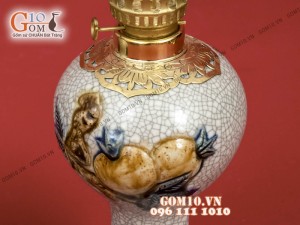 Đôi đèn dầu dáng tròn men rạn đắp nổi cao cấp S2