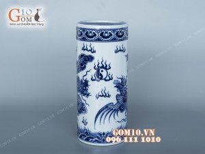 Ống hương men trắng vẽ rồng giả nổi 18cm